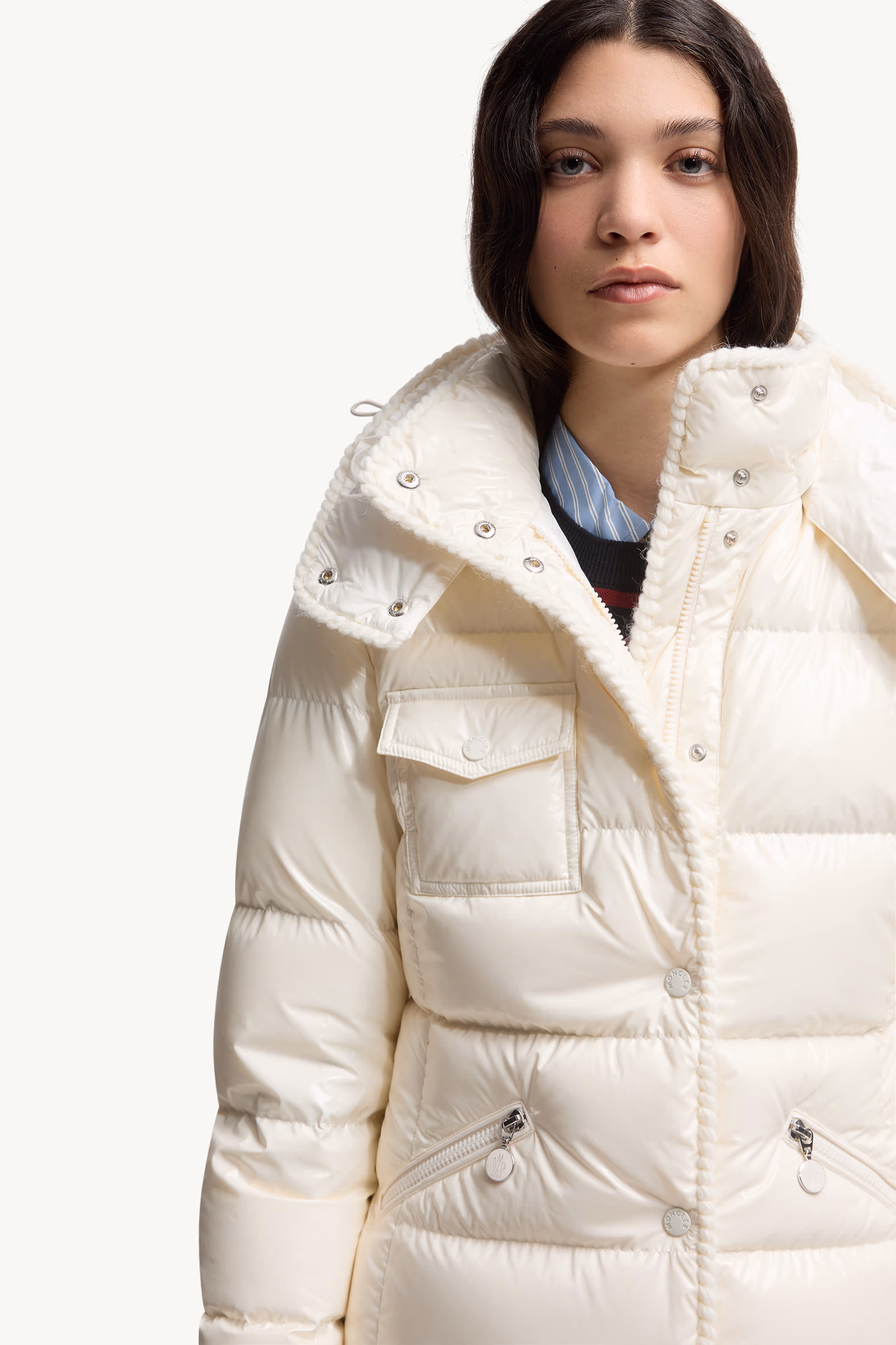 Glareins Braided Trim Hooded Short Down Jacket Women White Moncler 7